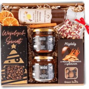 Świąteczny kosz prezentowy miody, kawa, syrop korzenny i słodycze