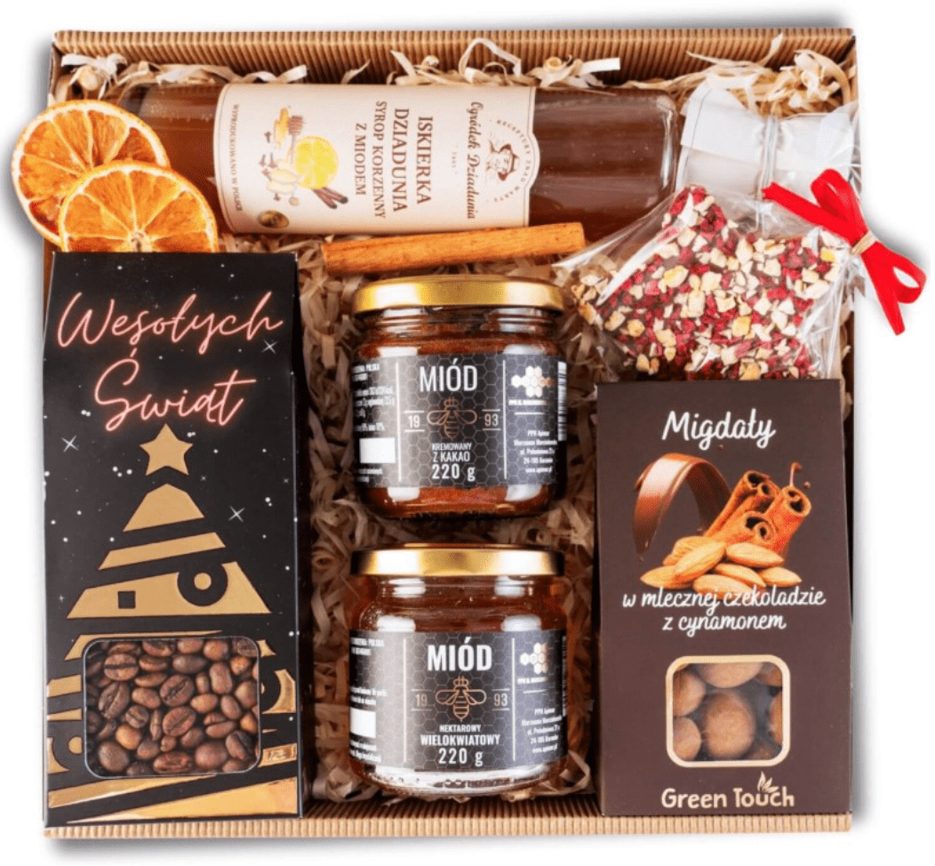 Świąteczny kosz prezentowy miody, kawa, syrop korzenny i słodycze