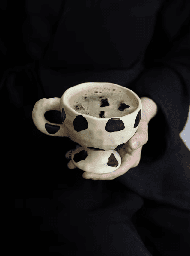 Ręcznie robiony kubek ceramiczny 250 ml – styl vintage z kropkami w stylu krowim dla fanów unikatowego designu - obrazek 2
