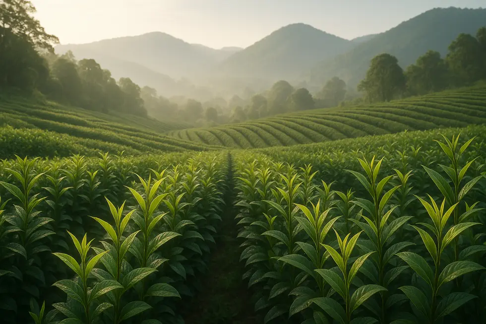 Widok na plantację herbaty w prowincji Fujian, skąd pochodzi biała herbata.