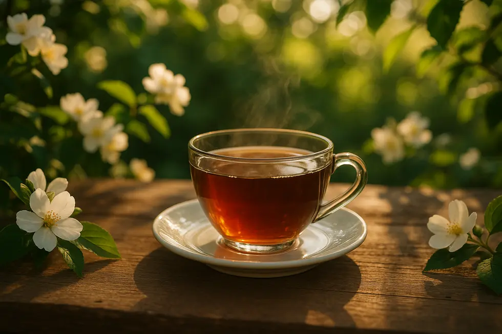 Cup of black tea on a wooden table surrounded by flowers and sunlight.