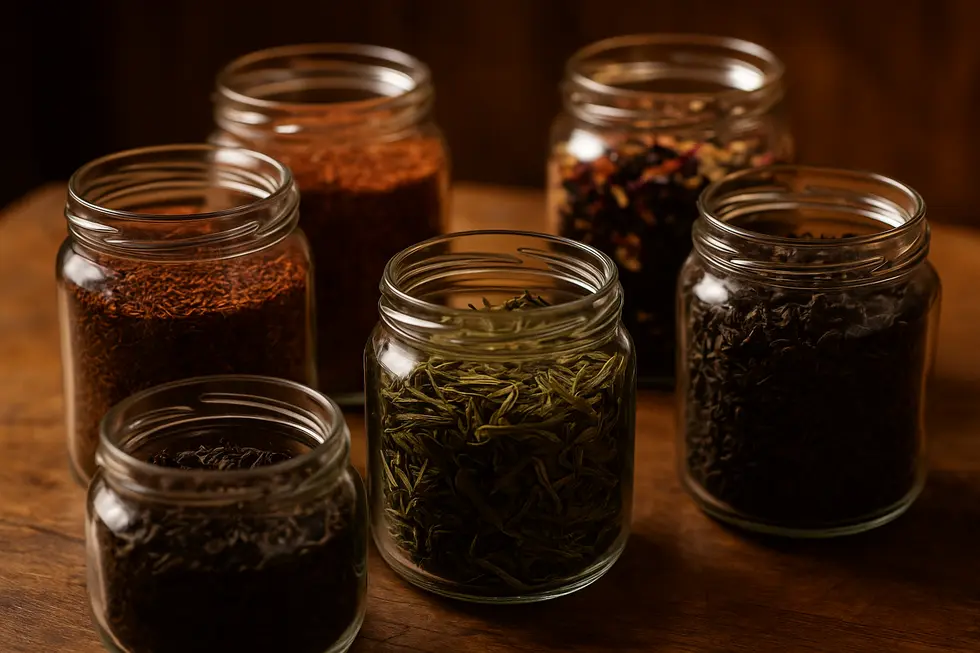 Various loose leaf teas in glass jars with warm light, representing the diversity available for selection.