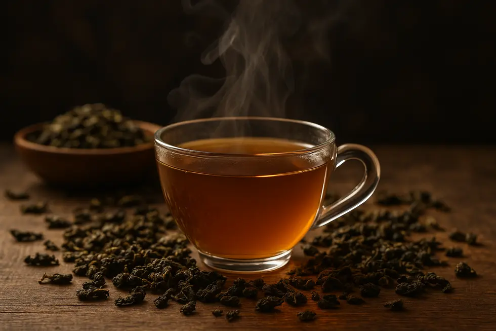 Steaming Oolong tea cup with tea leaves around.
