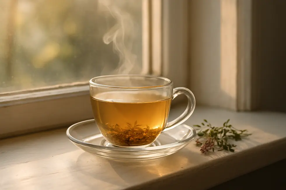 A cup of calming herbal tea on a windowsill surrounded by soft lighting.