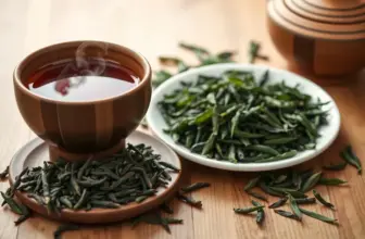 Steaming cup of Oolong tea with gaiwan and tea leaves on wooden table.