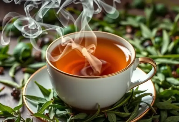 A steaming cup of Oolong tea surrounded by green tea leaves.