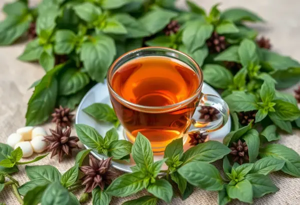 Filiżanka herbaty tulsi z liśćmi bazylii w relaksującym otoczeniu.
