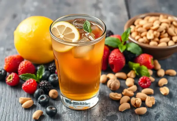 Iced herbal tea with lemon and antioxidant foods, representing stress-reduction benefits.
