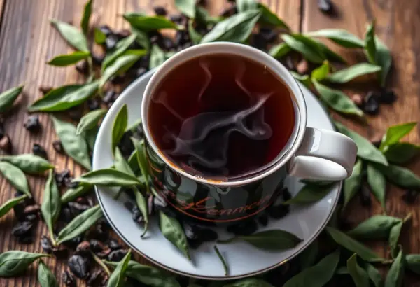 A cup of black tea on a table with tea leaves, emphasizing antioxidant benefits.