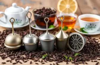 Assorted tea infusers with cups and loose tea leaves.