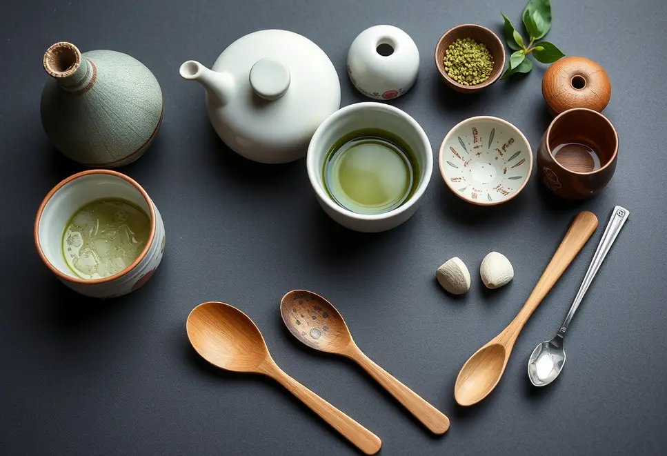 Various well-maintained tea accessories on a table.