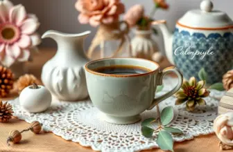 A steaming ceramic tea cup on a table with decorative elements, symbolizing elegance and practicality.