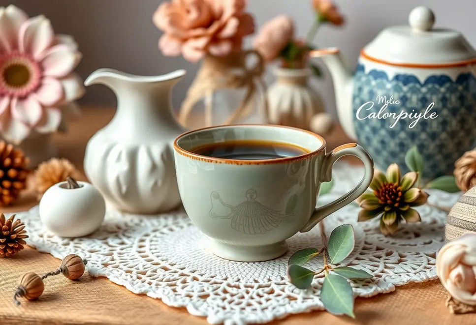A steaming ceramic tea cup on a table with decorative elements, symbolizing elegance and practicality.