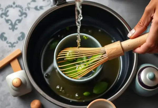 A person cleaning a bamboo matcha whisk under a water tap.