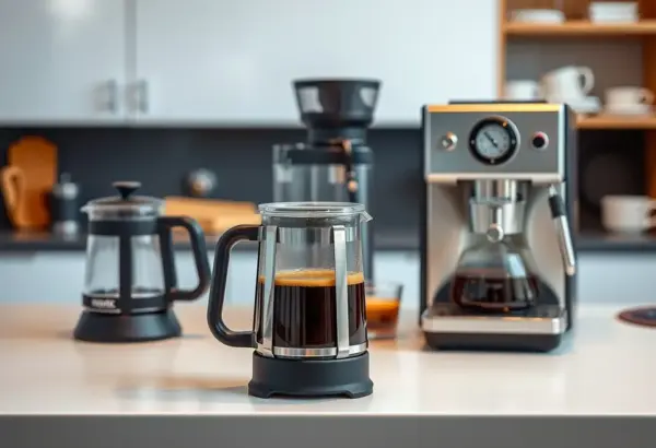 Selection of coffee makers including a French press and an automatic espresso machine.
