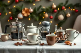 Various brewing accessories including AeroPress, teapots, and ceramic cups on a festive backdrop.