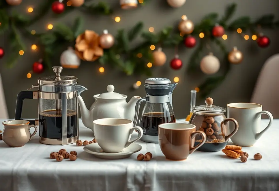 Various brewing accessories including AeroPress, teapots, and ceramic cups on a festive backdrop.