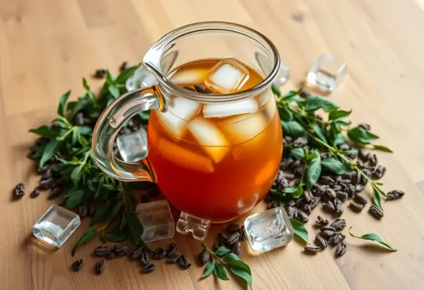 Cold brew tea in a glass pitcher with fresh leaves, showcasing the gentle brewing process.