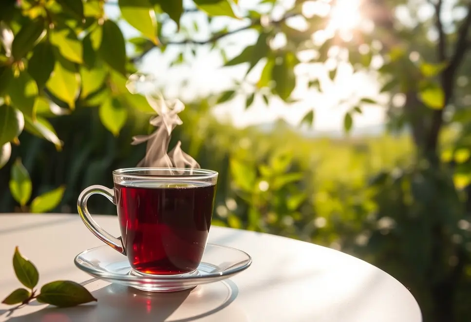 Sunlit morning scene with a cup of black tea, embodying health benefits.