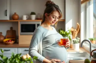 A pregnant woman drinks tea in a sunlit kitchen, symbolizing serenity during pregnancy.