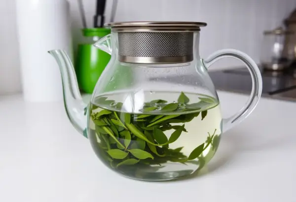 Glass teapot with a metal filter brewing green tea on a white surface.