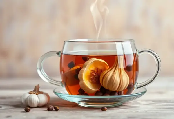Garlic cloves and cloves as steam rises from their infusion.
