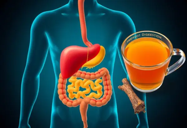 Diagram of the digestive system with turmeric tea symbolizing liver support.