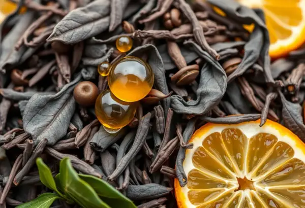 Zdjęcie liści herbaty Earl Grey z kroplami olejku bergamotki i owocami bergamotki.