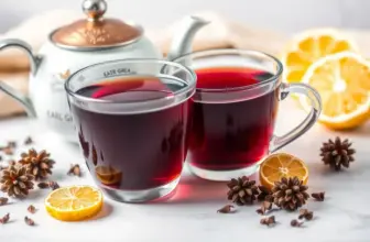 Estetycznie zaaranżowana scena z filiżanką herbaty Earl Grey, imbrykiem i owocami bergamotki.