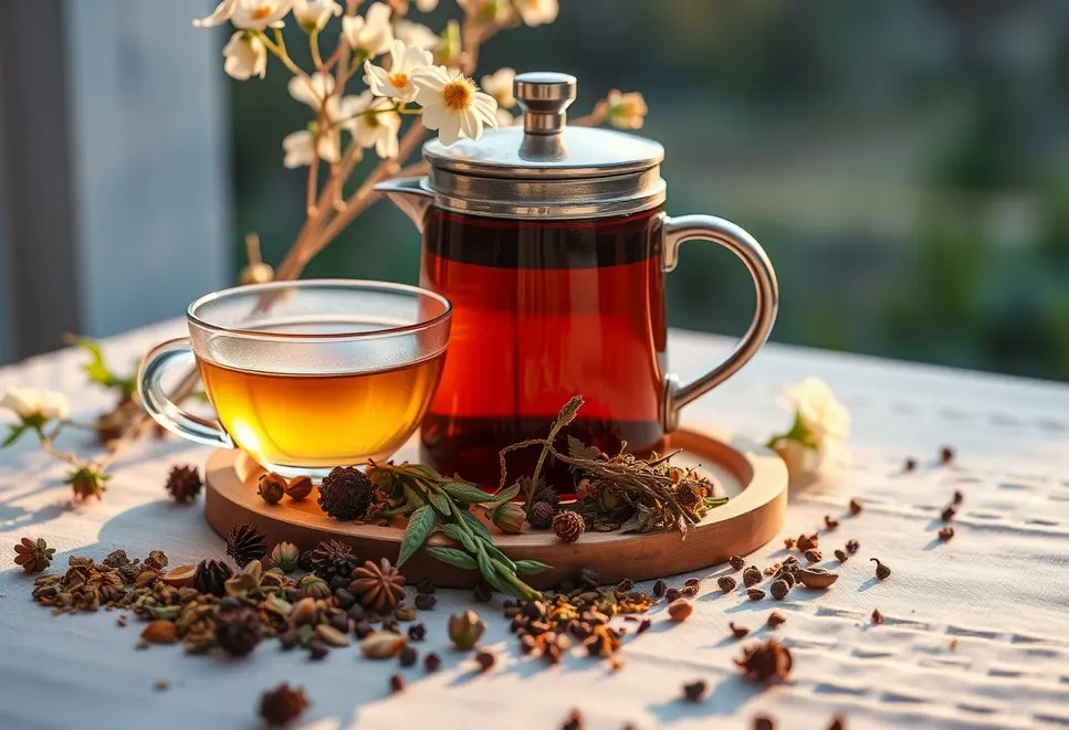 Evening tea setup with sleep-inducing herbs displayed around.