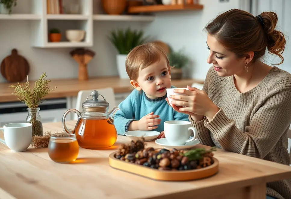 A cozy image showing a mother and child enjoying herbal tea together, promoting bonding and health.