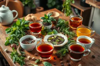 Table with herbs and steaming cups of herbal tea in a cozy kitchen.