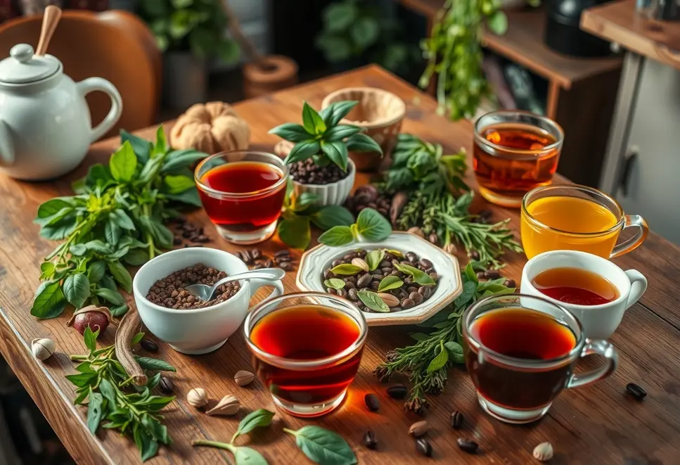 Table with herbs and steaming cups of herbal tea in a cozy kitchen.
