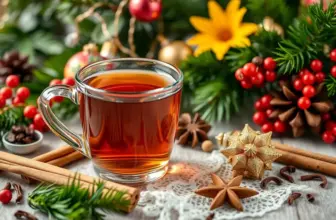 Steaming cup of holiday tea with Christmas decor and spices.