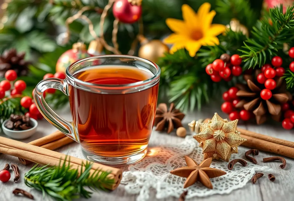 Steaming cup of holiday tea with Christmas decor and spices.