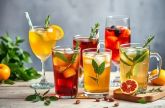 Various iced teas with different fruits and herbs on a set table.