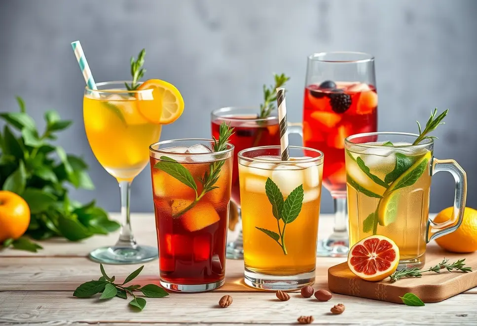 Various iced teas with different fruits and herbs on a set table.