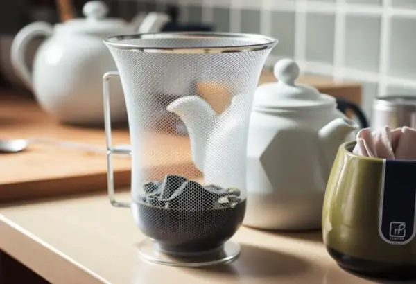 Widok koszyczka Fiunm Brewing wypełnionego liśćmi herbaty, obok ceramicznego dzbanka.