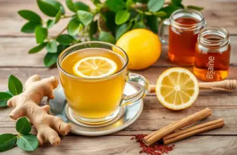 Steaming ginger tea with ginger, lemon, honey, cinnamon, and cayenne pepper arranged around.