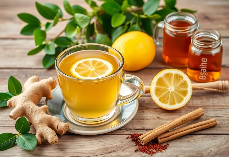 Steaming ginger tea with ginger, lemon, honey, cinnamon, and cayenne pepper arranged around.