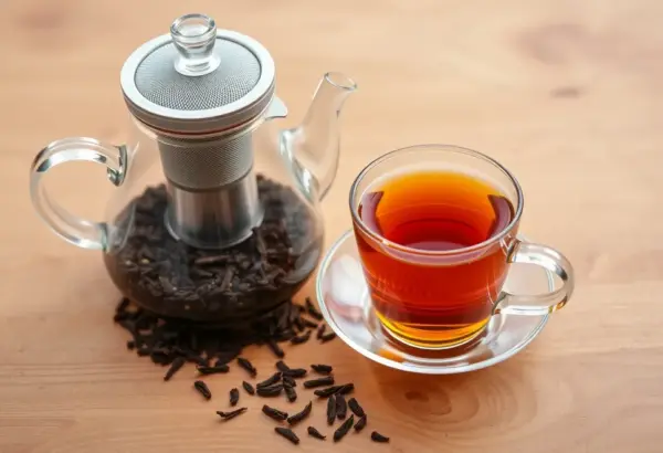 Glass teapot with infuser on a table with tea leaves and brewed tea.