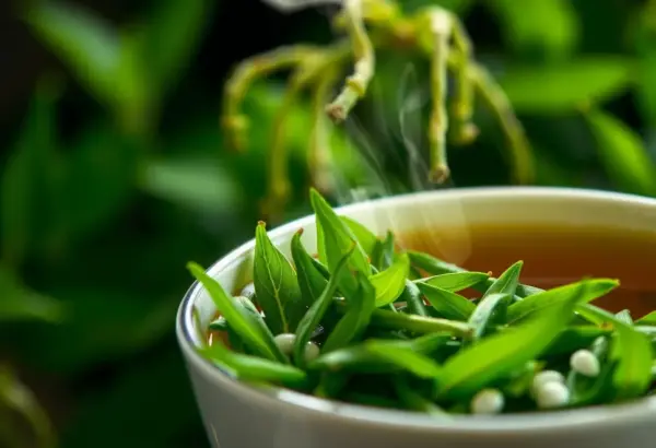 A steaming cup of green tea leaves with a calm background depicting freshness.