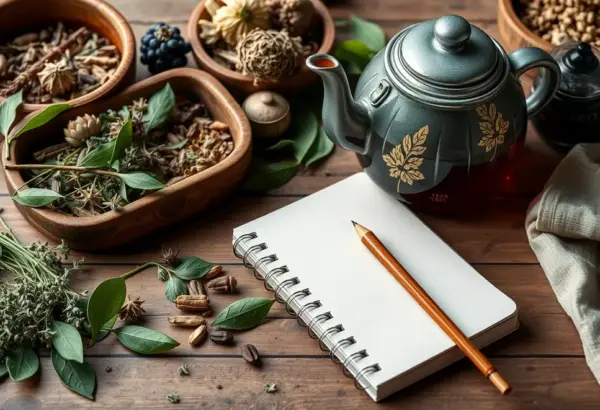 A workspace with dried herbs and a teapot, highlighting safe herbal tea practices.