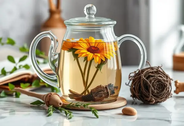 A teapot with calendula and burdock root, symbolizing skin and detox health benefits.
