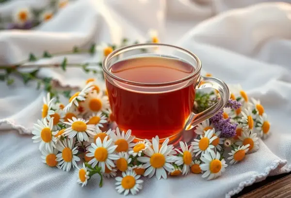 A peaceful scene with chamomile and linden, representing stress relief through herbal tea.