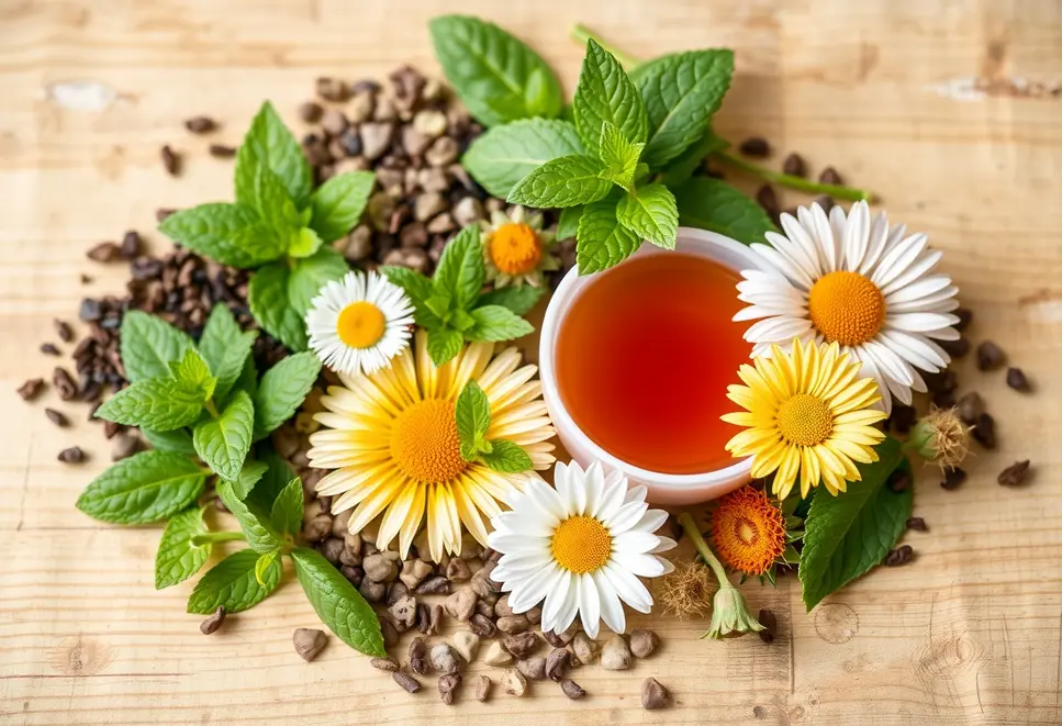 An arrangement of herbal tea ingredients symbolizing health support and variety.
