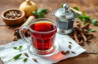 A steaming cup of red tea with a tea infuser and herbs on a table.