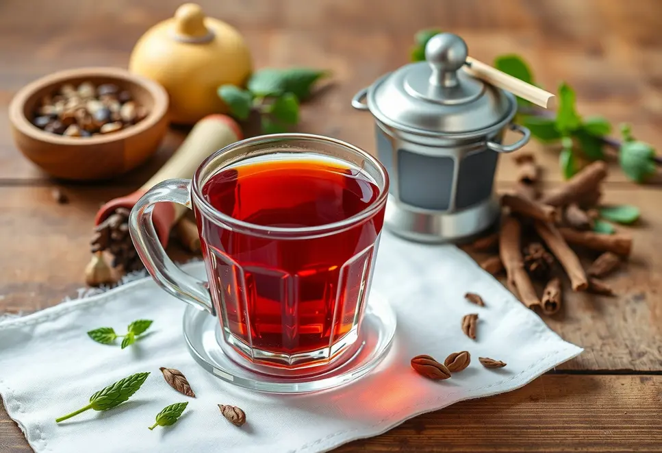 A steaming cup of red tea with a tea infuser and herbs on a table.