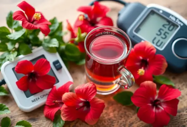Cup of hibiscus tea with fresh flowers and a blood pressure monitor.