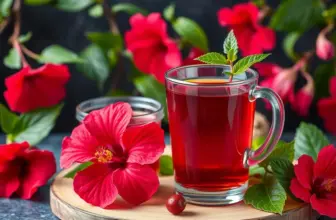 Display of hibiscus tea and flowers highlighting its benefits.